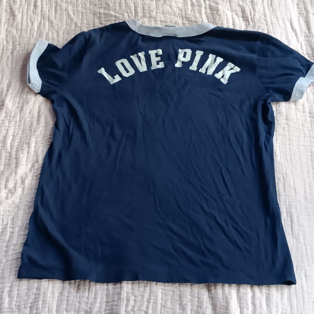 Victoria's Secret Love Pink Tee T-Shirt Women SZ Large Navy Blue Ringer Casual